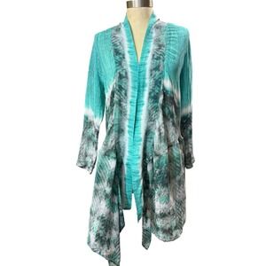 Dressori OS 100% Silk Tie‎ Dye Drape Waterfall Cardigan Teal Sheer Boho Designer